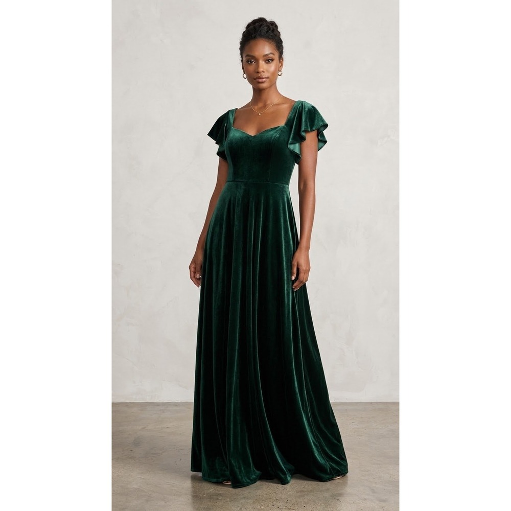 Azazie Forest Green Velvet Maxi Dress Ruffle Sleeve Side Slit Formal Gown Sz C 6